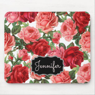 Chic Elegante Vintag Rosa Rote Rosen Blumenname Mousepad