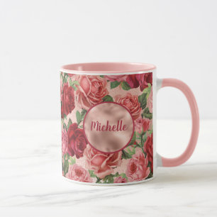 Chic Elegante Vintag rosa Rote Rosen Blumenname Tasse