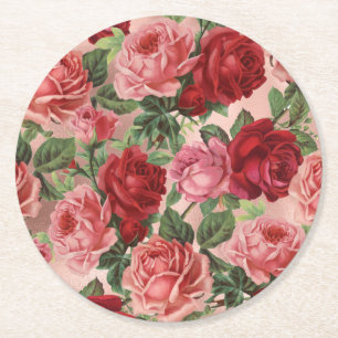 Chic Elegante Vintage Rosa Rote Rosen Floral Runder Pappuntersetzer