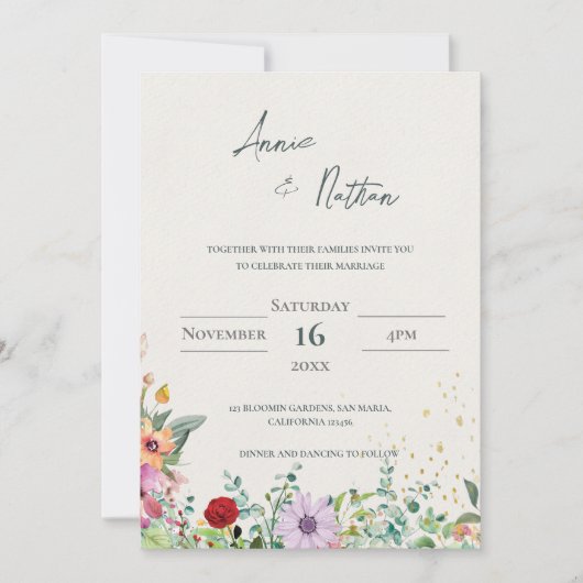 Chic Elegante Watercolor Wildblumen Blumenzehen Einladung (Vorderseite)