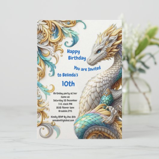 Chic Elegante Wirbel in Gold, Silver Playful Drago Einladung (Stehend Vorderseite)