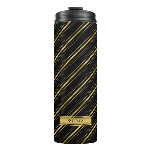Chic Elegantes Black and Imitats Gold Stripes Mono Thermosbecher (Vorderseite)