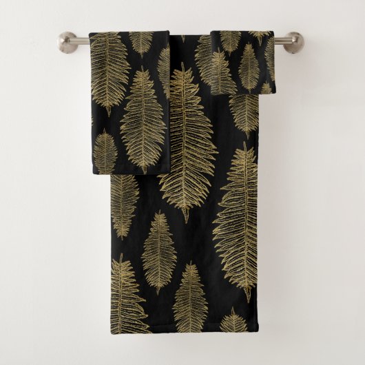 Chic Elegantes Black Gold Floral Fern Leaf Muster Badhandtuch Set (Insitu)