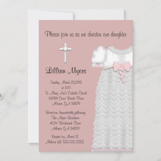 Chic Elegantes Cross & Dress Taufe/Christening Einladung (Vorderseite)