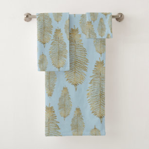 Chic Elegantes Light Blue Gold Fern Leaf Muster Badhandtuch Set