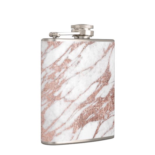 Chic-elegantes Weiß-und Rosen-Goldmarmor-Muster Flachmann (Rechts)