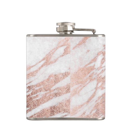 Chic-elegantes Weiß-und Rosen-Goldmarmor-Muster Flachmann (Rückseite)