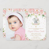 Chic Elephant Blush Pink Bloral Taufe Foto Einladung (Vorne/Hinten)