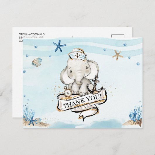 Chic Elephant Nautical Boy Baby Dusche Danke Postkarte (Vorne/Hinten)