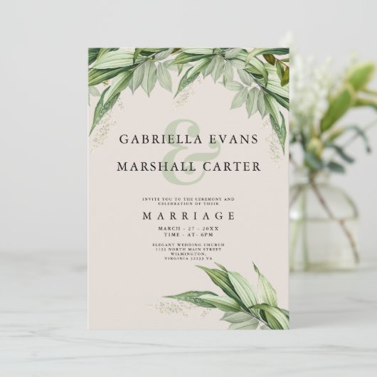 Chic Elfenbein grünes Blattblumen Ampere und Hochz Einladung (Stehend Vorderseite)