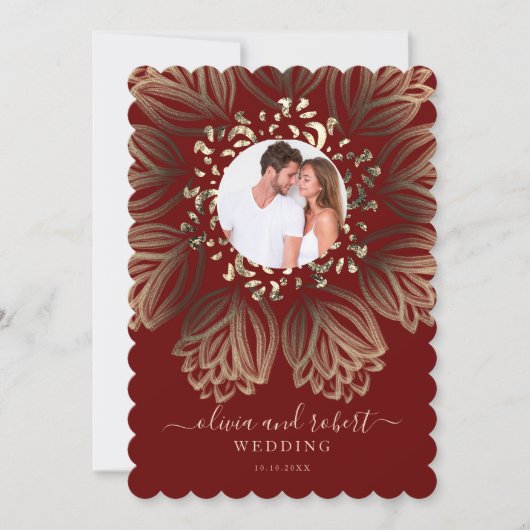 Chic Elgant Burgundy Gold Floral Foto Wedding Einladung (Vorderseite)