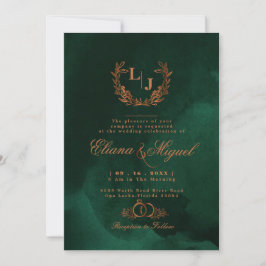 Chic Emerald Copper Calligraphy Monogram Wedding Einladung