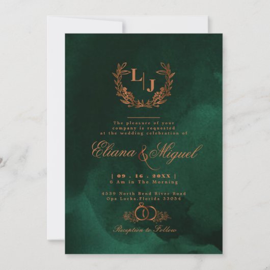 Chic Emerald Copper Calligraphy Monogram Wedding Einladung (Vorderseite)