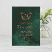 Chic Emerald Copper Calligraphy Monogram Wedding Einladung (Stehend Vorderseite)