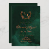 Chic Emerald Copper Calligraphy Monogram Wedding Einladung (Vorne/Hinten)