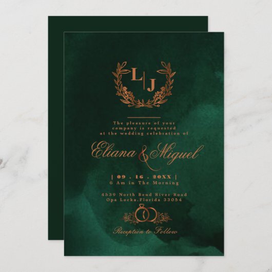 Chic Emerald Copper Calligraphy Monogram Wedding Einladung (Vorne/Hinten)