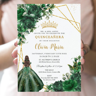 Chic Emerald Green Blume Floral Quinceañera Einladung