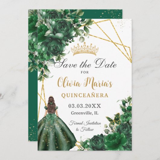 Chic Emerald Green Blume Princess Quinceañera Save The Date (Vorne/Hinten)