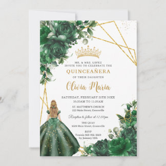 Chic Emerald Green Floral Blonde Girl Quinceañera Einladung