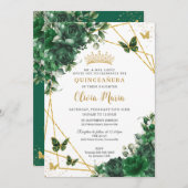 Chic Emerald Green Floral Butterflies Quinceañera Einladung (Vorne/Hinten)
