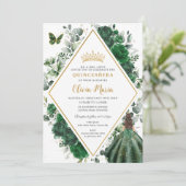 Chic Emerald Green Floral Princess Quinceañera Einladung (Stehend Vorderseite)