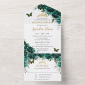 Chic Emerald Green Floral Quinceanera Butterflies All In One Einladung (Innen Boden)