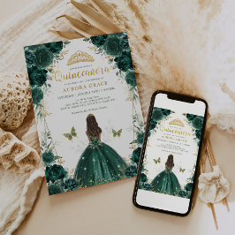 Chic Emerald Green Floral Quinceñera Princess Einladung