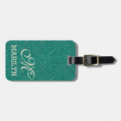 Chic Emerald Green Glitzer Ivory Custom Monogram Gepäckanhänger (Vorderseite horizontal)