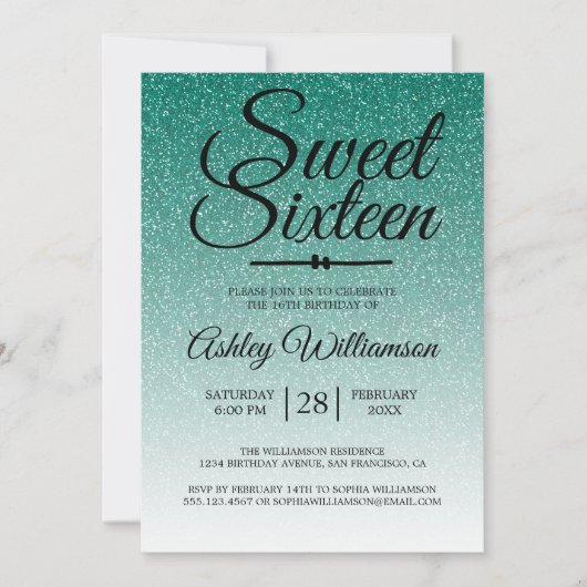 Chic Emerald Green Glitzer Ombre Sweet 16 Geburtst Einladung (Vorderseite)