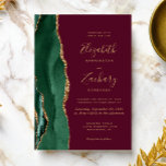 Chic Emerald Green Gold Agate Burgundy Wedding Einladung<br><div class="desc">Der links Rand dieser eleganten,  modernen Hochzeitseinladung zeichnet sich durch einen smaragdgrünen Aquarellstreifen aus,  der mit vergoldetem Imitat-Glitzer bestickt ist. Der anpassbare Text kombiniert goldfarbene Handschrift,  Copperplate und kursiv Schriftart auf dunkelburgundigem Hintergrund. Die Rückseite ist mit einem smaragdgrünen und goldgelben Dekor ausgestattet.</div>