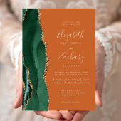 Chic Emerald Green Gold Agate Burnt Orange Wedding Einladung