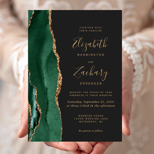 Chic Emerald Green Gold Agate Dark Wedding Einladung
