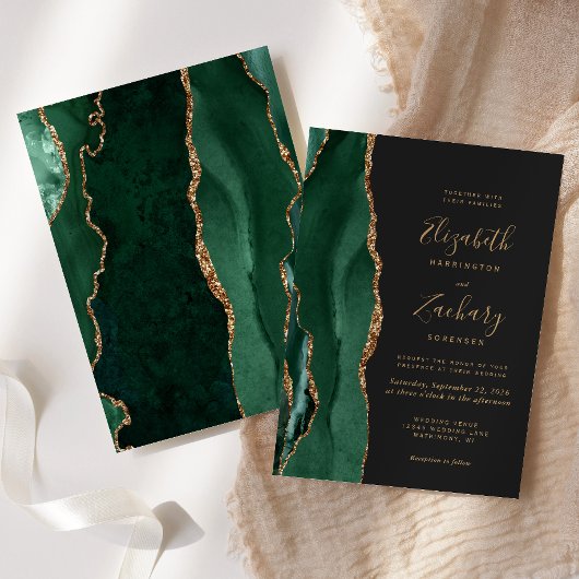Chic Emerald Green Gold Agate Dark Wedding Einladung