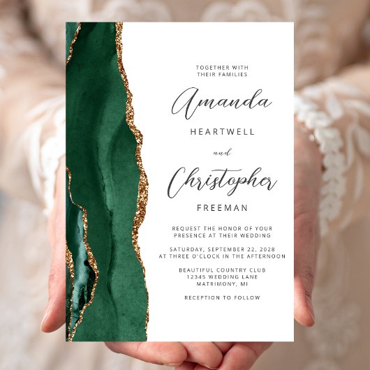 Chic Emerald Green Gold Agate Script Wedding Einladung