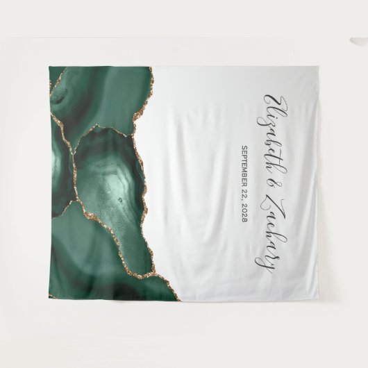 Chic Emerald Green Gold Agate Wedding Foto Booth Wandteppich (Vorderseite (Horizontal))