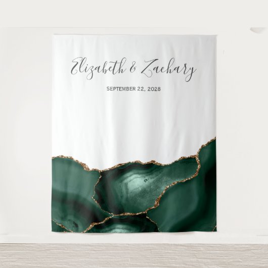 Chic Emerald Green Gold Agate Wedding Foto Booth Wandteppich (Vorderseite)