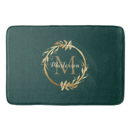 Chic Emerald Green Gold Monogram Eukalyptus Wreath Badematte