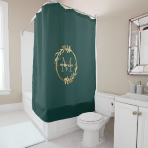 Chic Emerald Green Gold Monogram Eukalyptus Wreath Duschvorhang