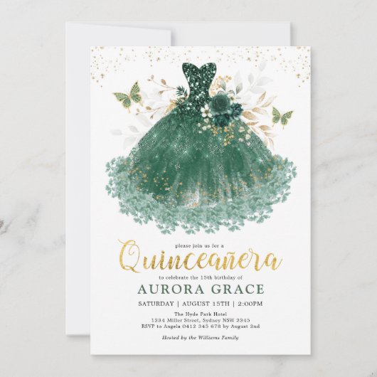 Chic Emerald Green Gold Quinceañera Princess Gown Einladung (Vorderseite)
