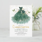 Chic Emerald Green Gold Quinceañera Princess Gown Einladung (Stehend Vorderseite)