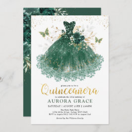 Chic Emerald Green Gold Quinceañera Princess Gown Einladung
