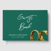 Chic Emerald Green Gold Rings Wedding Gästebuch (Vorderseite)