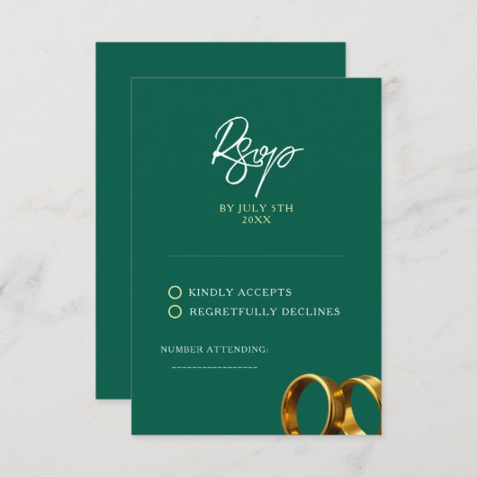 Chic Emerald Green Gold Rings Wedding RSVP Karte (Vorne/Hinten)
