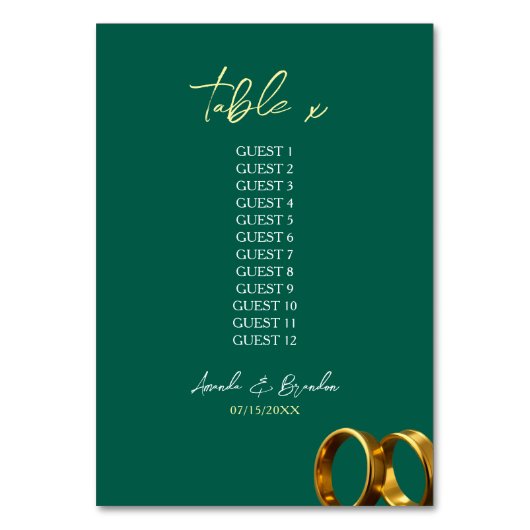 Chic Emerald Green Gold Rings Wedding Tischnummer (Vorderseite)