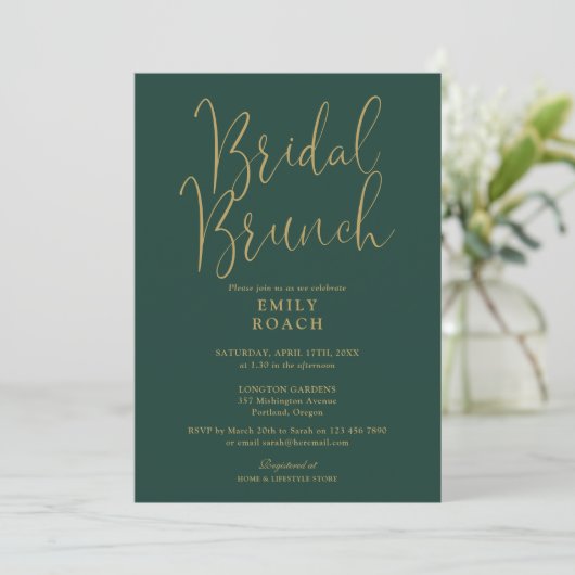 Chic Emerald Green Gold Script Bridal Bunch Dusche Einladung (Stehend Vorderseite)