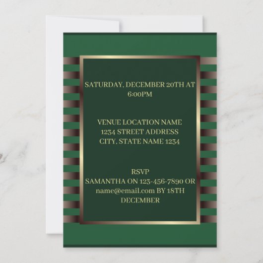 Chic Emerald Green Gold Stripes Geometric Geburtst Einladung (Rückseite)