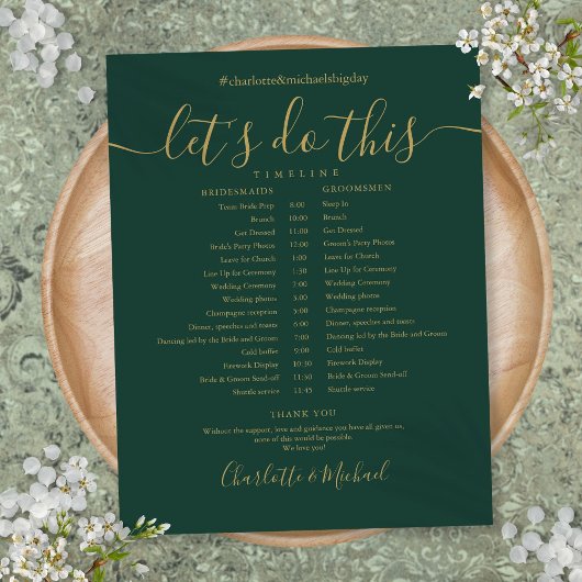 Chic Emerald Green Gold Wedding Zeitplan Zeitplan