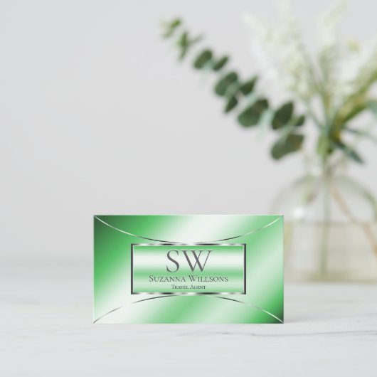 Chic Emerald Green mit Silver Decoder und Monogram Visitenkarte (Stehend Vorderseite)