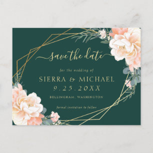 Chic Emerald Green Peach Gold Floral Save the Date Ankündigungspostkarte