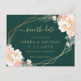 Chic Emerald Green Peach Gold Floral Save the Date Ankündigungspostkarte